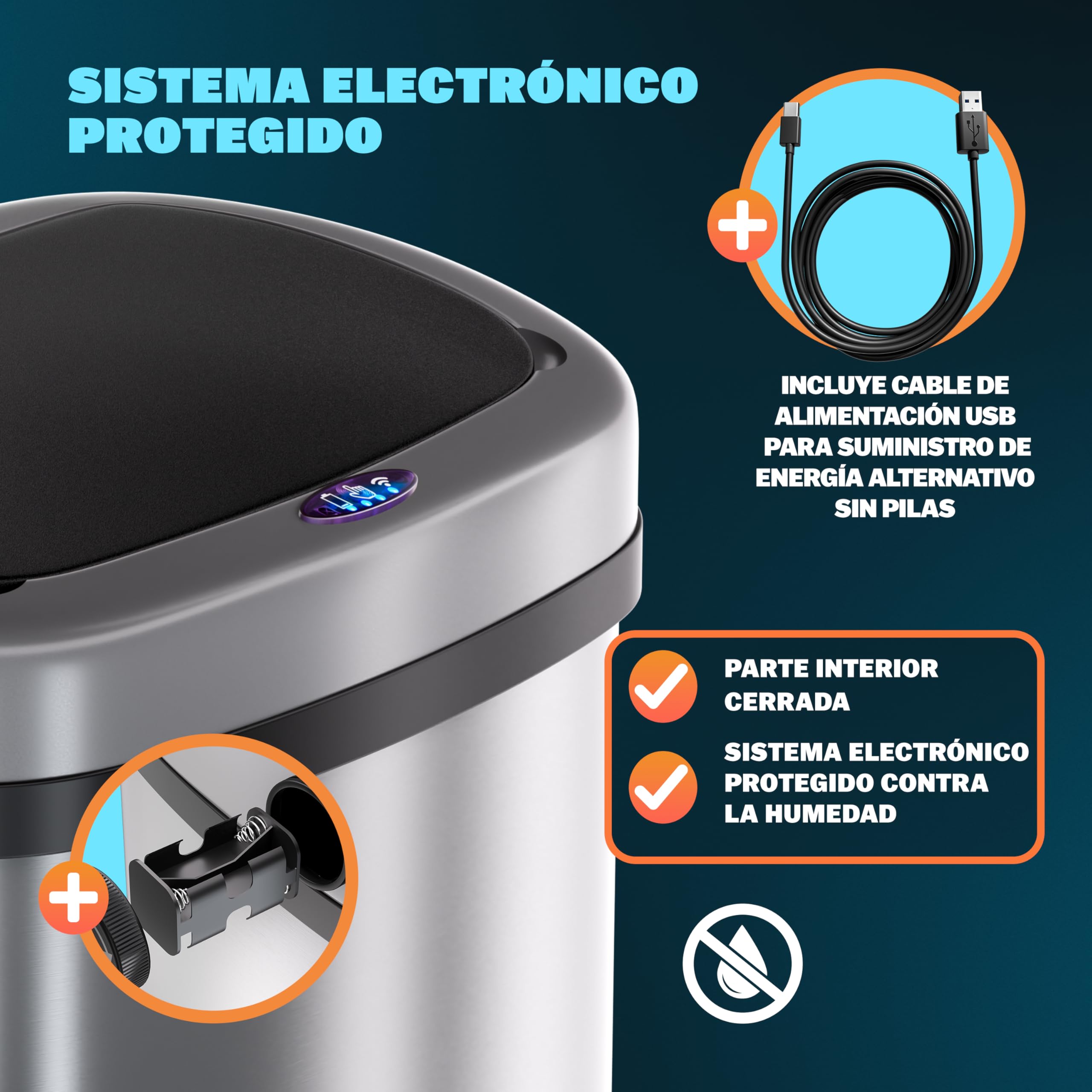 Monzana® Cubo de Basura Cocina con Sensor 58 L Acero Inoxidable Tapa Automática Extraíble Anillo Seguridad Indicador LED Cable USB Casa Oficina Plata