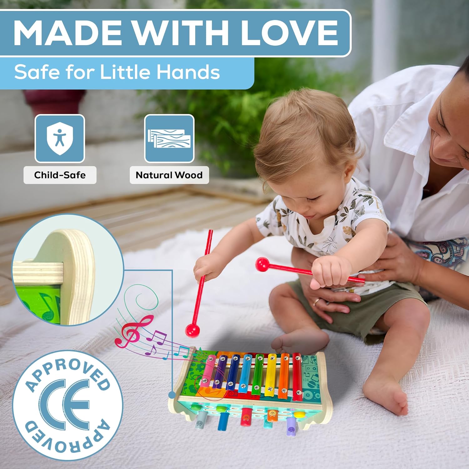 Montessori Wooden Hammering Toy – 6-in-1 Xylophone, Pound Bench, Shape Sorter & Learning Tool for Toddlers | Educational Musical Toy for Boys & Girls Ages 1–5 | Develops Motor Skills & Sensory Play - Image 3