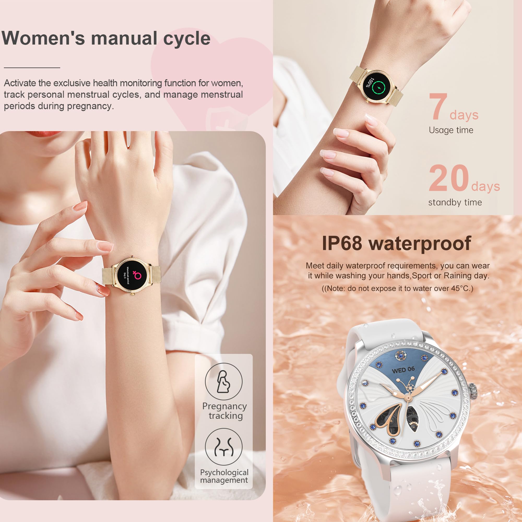 Reloj Inteligente Mujer con Llamadas, 3 Correas, 1,28 Pulgada Smartwatch Deportivo con Diamond Podometro Pulsometro SpO2 Sueño Presion Arterial Actividad 5ATM Reloj Digital para iOS Android (Plata)
