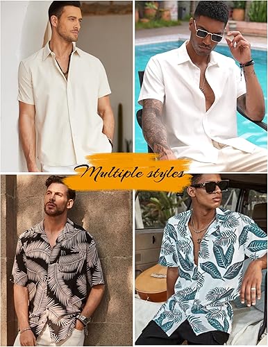 Vista 4 de COOFANDY Camisas casuales de lino de manga corta con botones para hombre
