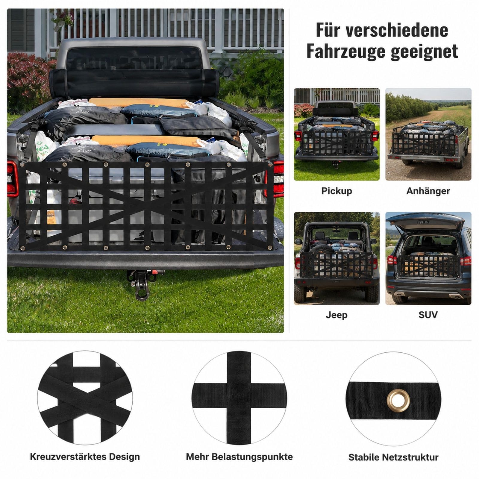Heckklappennetz für Pick-up mit verstellbarem Kreuzdesign für Ladefläche und Gepäckbereich