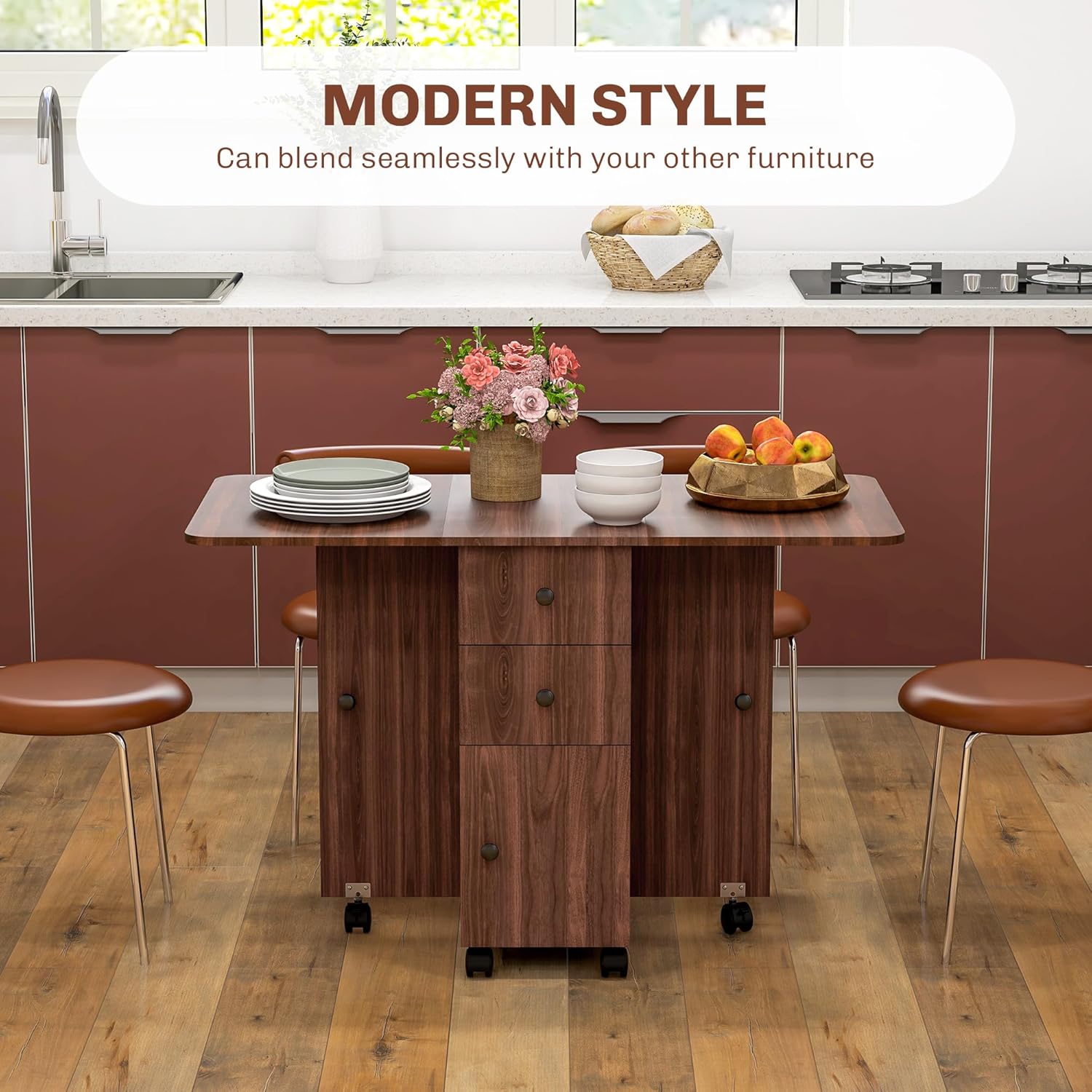 HOMCOM Folding Dining Table for 4-6, Rolling Drop Leaf Table on Wheels with Storage Drawers, Cabinet and Open Shelf for Kitchen, Dining Room, Distressed Brown - Image 4