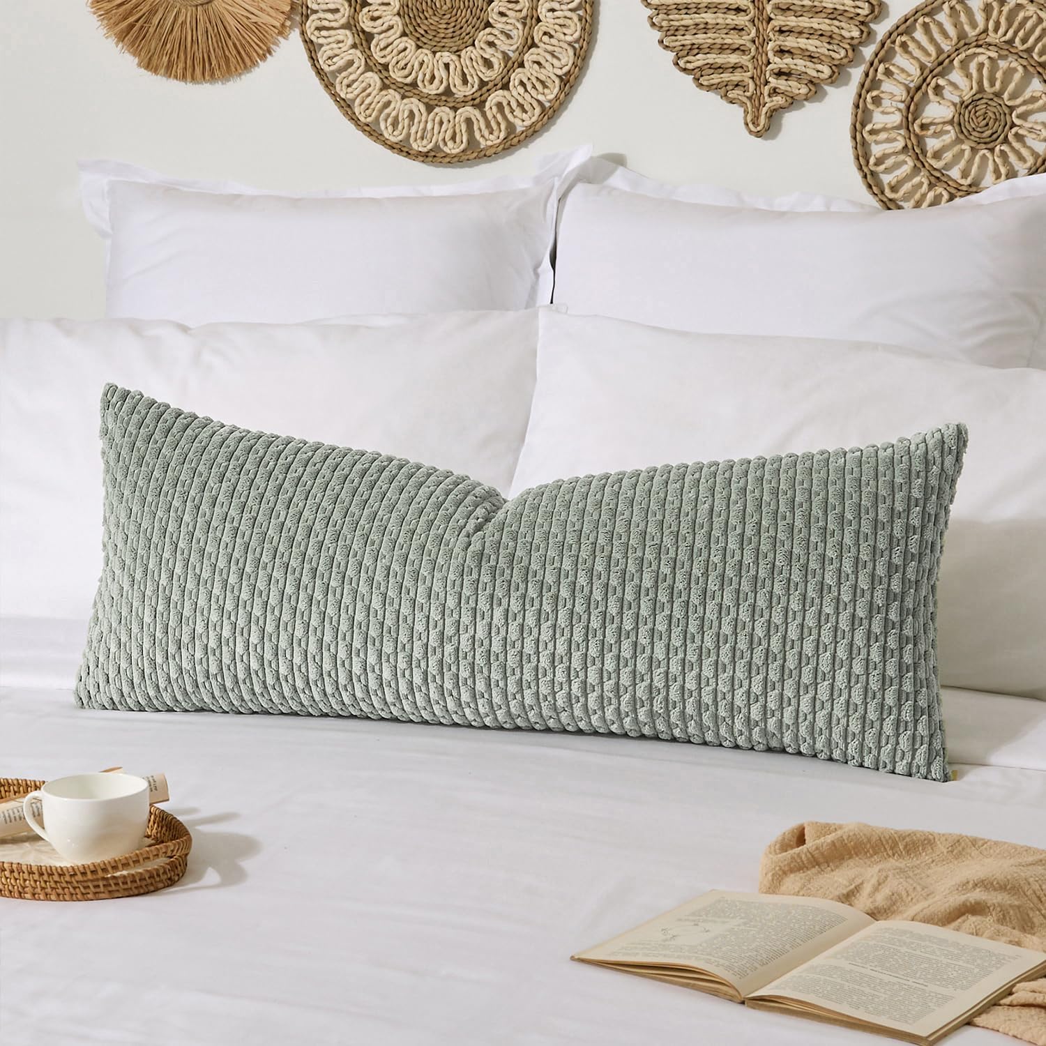 kevin textile 14x36 inch long lumbar 1 pack boho decorative throw pillow cover soft striped corduroy rectangle cushion case farmhouse solid color accent for living room couch sofa bed, greyish green 36" x 14" (pack of 1) greyish green