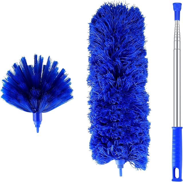 2 Pcs Feather Dusters, Extendable Feather Duster with Stainless Steel Long Extension Pole, Microfiber Domed Corner Cobweb Dusters for Cleaning Spider Webs, Cars, Blinds, Ceilings, Fans - Blue
