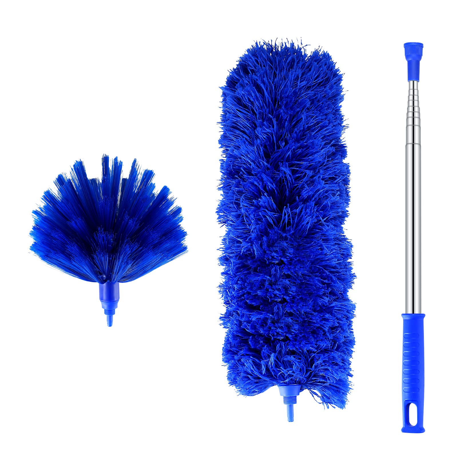 2 Pcs Feather Dusters, Extendable Feather Duster with Stainless Steel Long Extension Pole, Microfiber Domed Corner Cobweb Dusters for Cleaning Spider Webs, Cars, Blinds, Ceilings, Fans - Blue