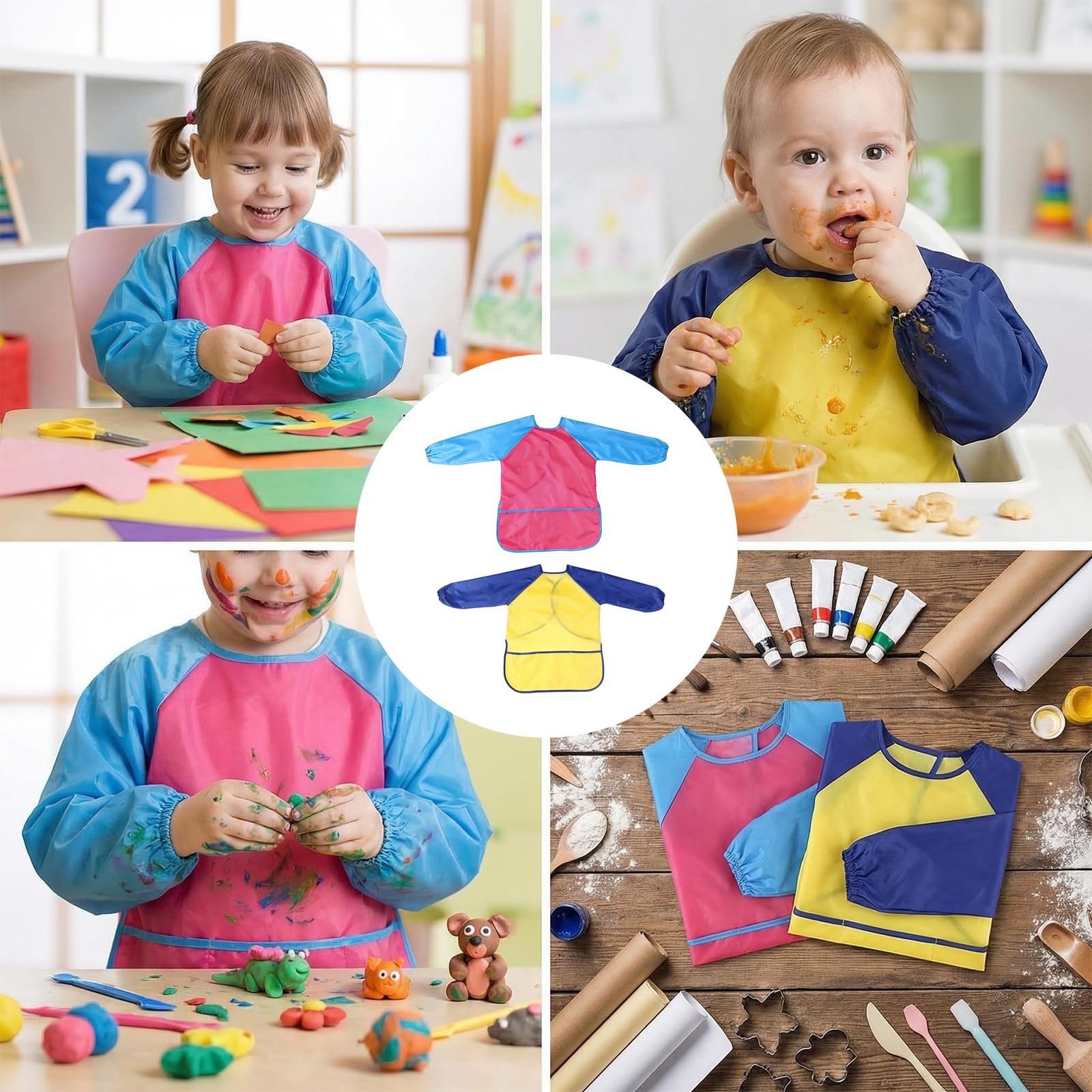 Set de 2 Delantales Infantiles Impermeables para Pintura - Talla Única para Niños y Niñas de 2 a 8 Años - Incluye Delantal Azul y Rojo con 3 Bolsillos para Artes, Manualidades, Cocina y Juegos — view 4