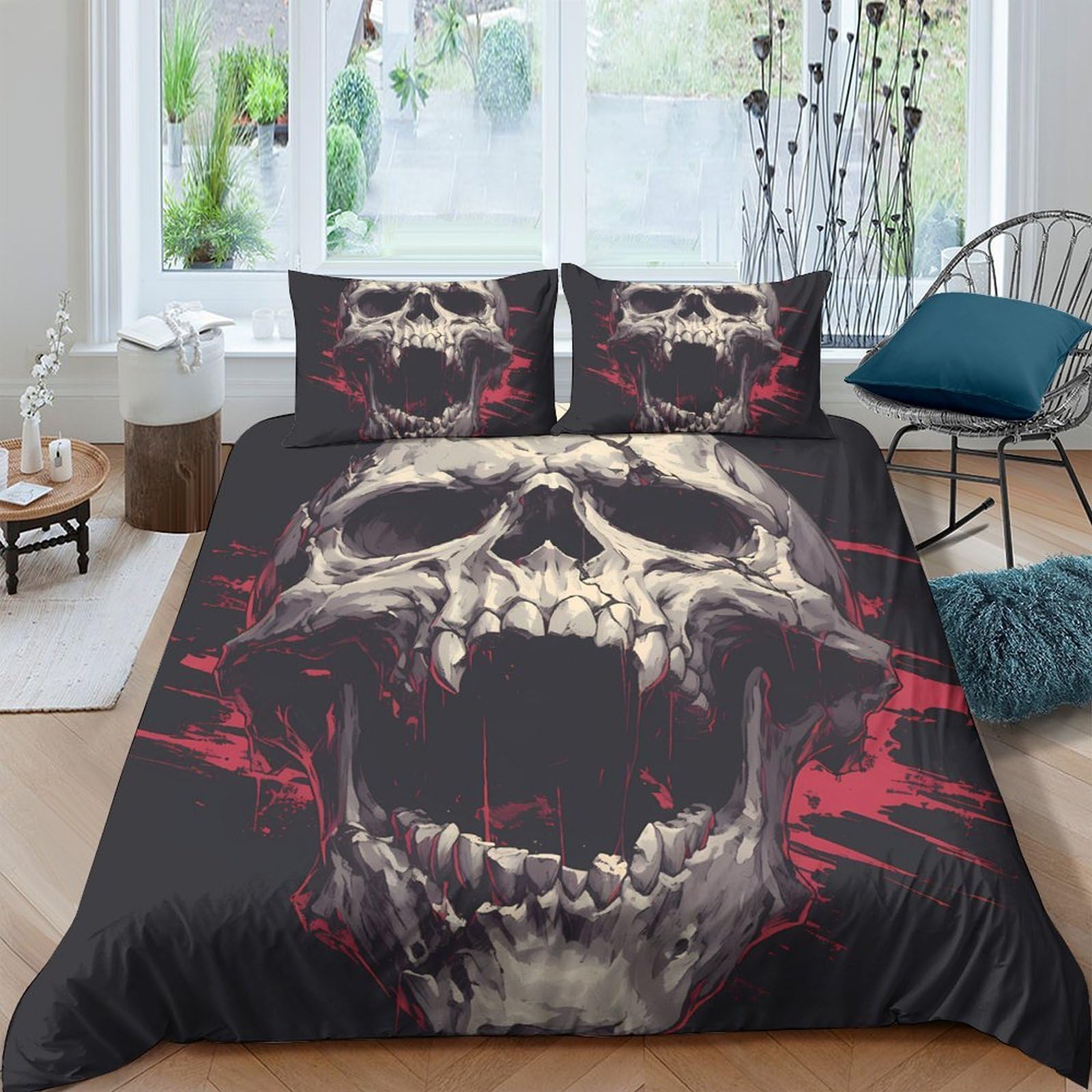 GPLZQXKJNH 3D Printed Skull Horror Duvet Cover Microfiber Soft Breathable Gothic Skeleton Bedding Set with 2 Pillowcases for Bedroom Decor Single（135x200cm）