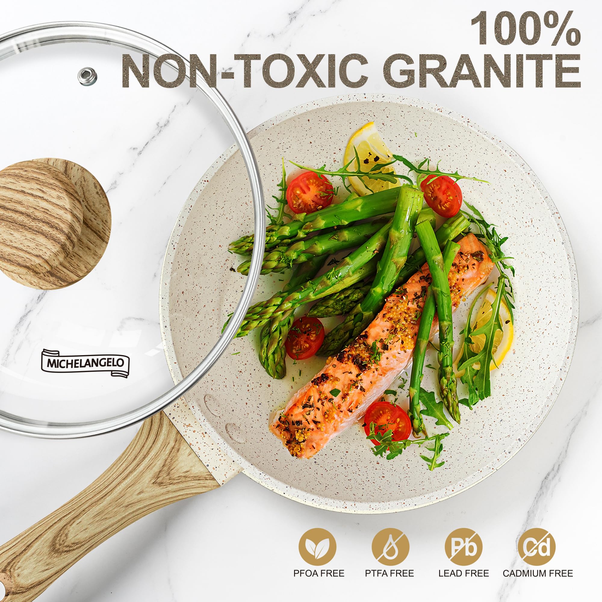 MICHELANGELO 20cm Frying Pan with Lid, Small Pan with Nonstick Stone Coating, Healthy & Non-Toxic, Cream White - Image 4