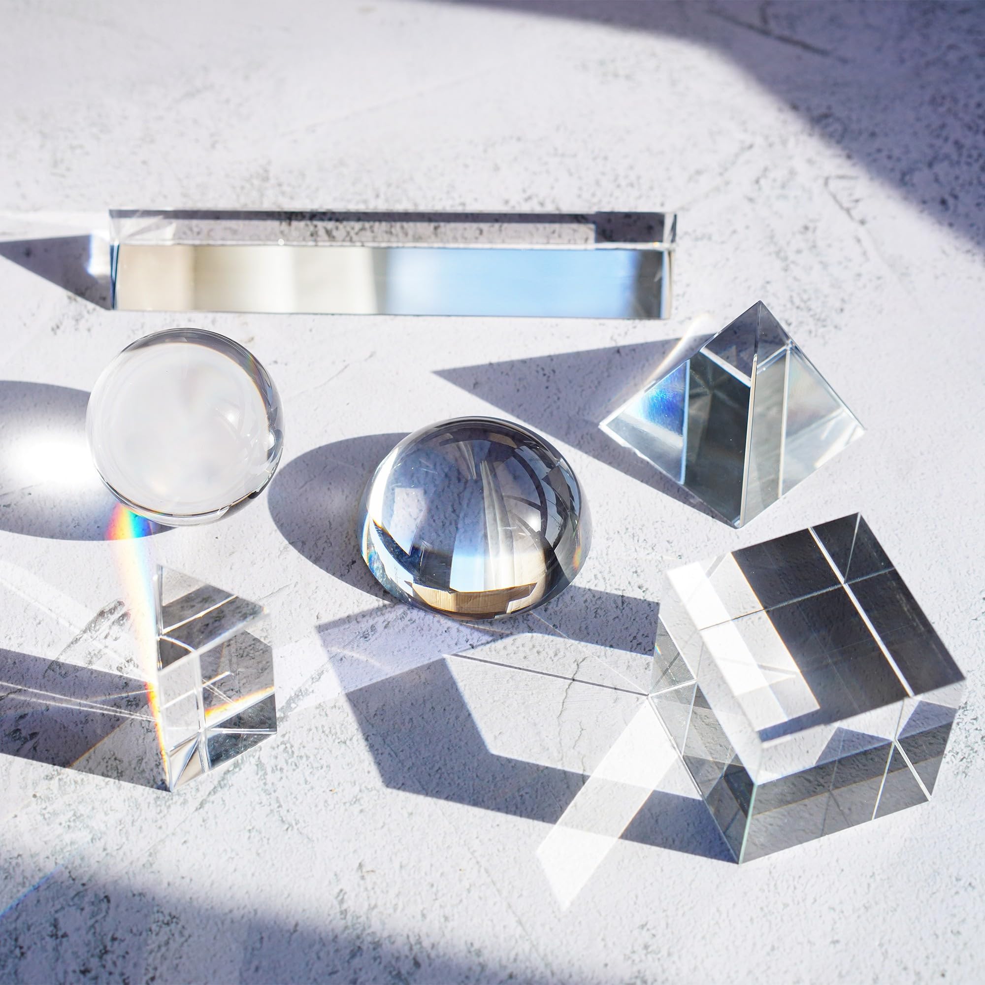 Lot de 6 prismes de photographie en cristal optique K9, comprenant une boule de cristal de 50 mm, un cube, une pyramide optique, un prisme triangulaire de 50 mm et 150 mm, une loupe dôme de 60 mm avec