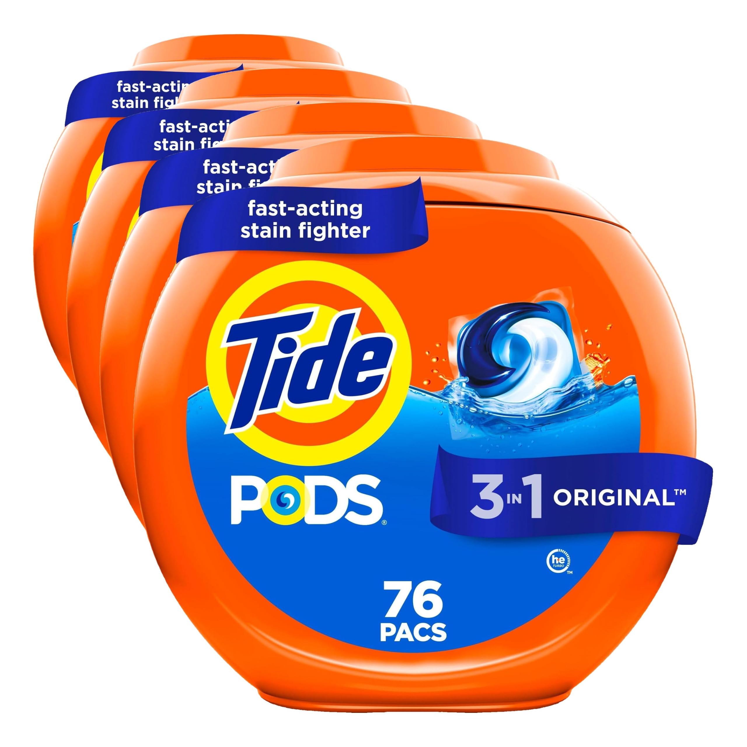 Tide PODS laundry detergent pacs, 3-in-1 Stain Remover, Odor Fighter, Color Protector, HE compatible, Original Scent, 76 Count (Pack of 4)