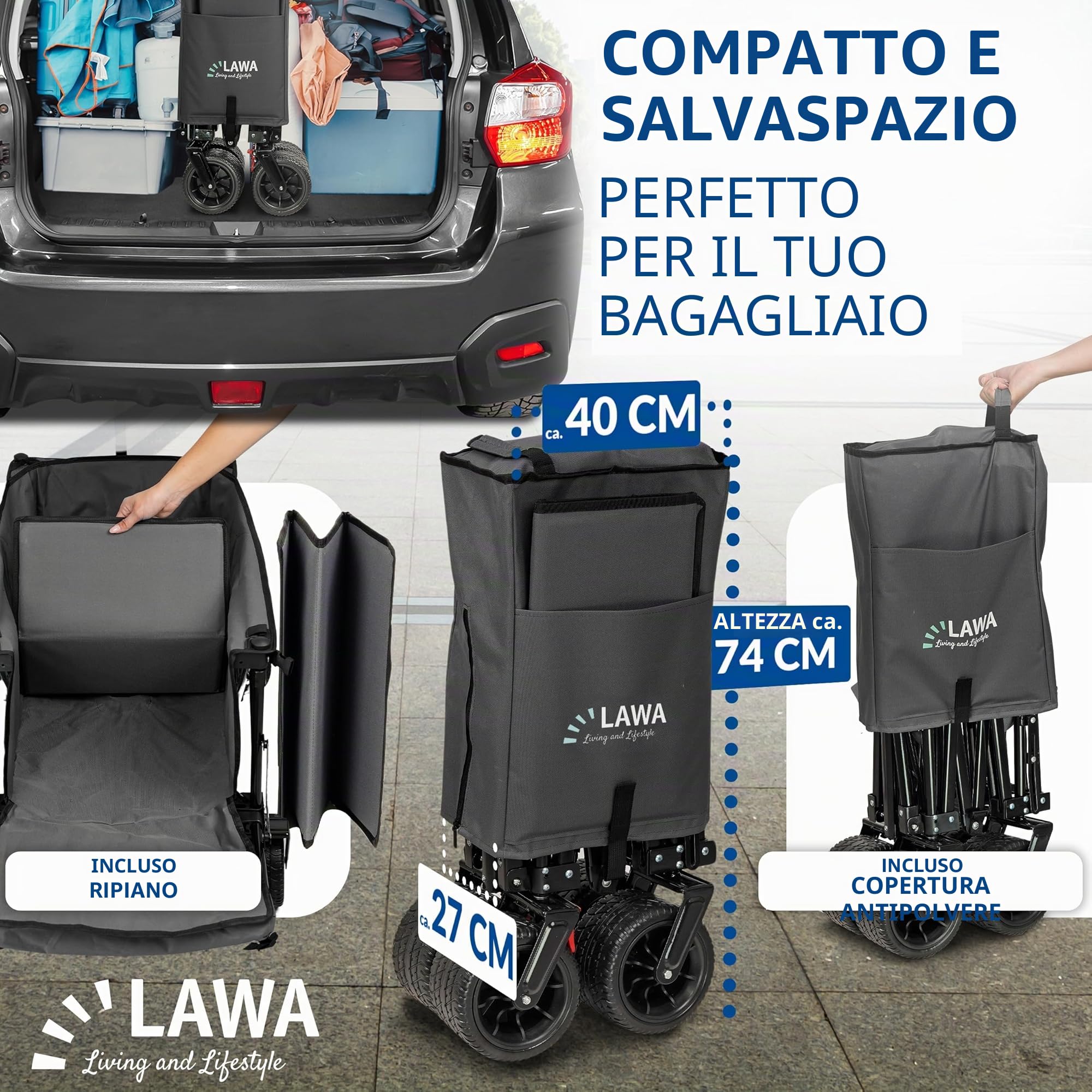 Carrello pieghevole per spiaggia e spesa con portellone posteriore, portata 100 kg, freno a pedale, ruote orientabili, maniglia estensibile