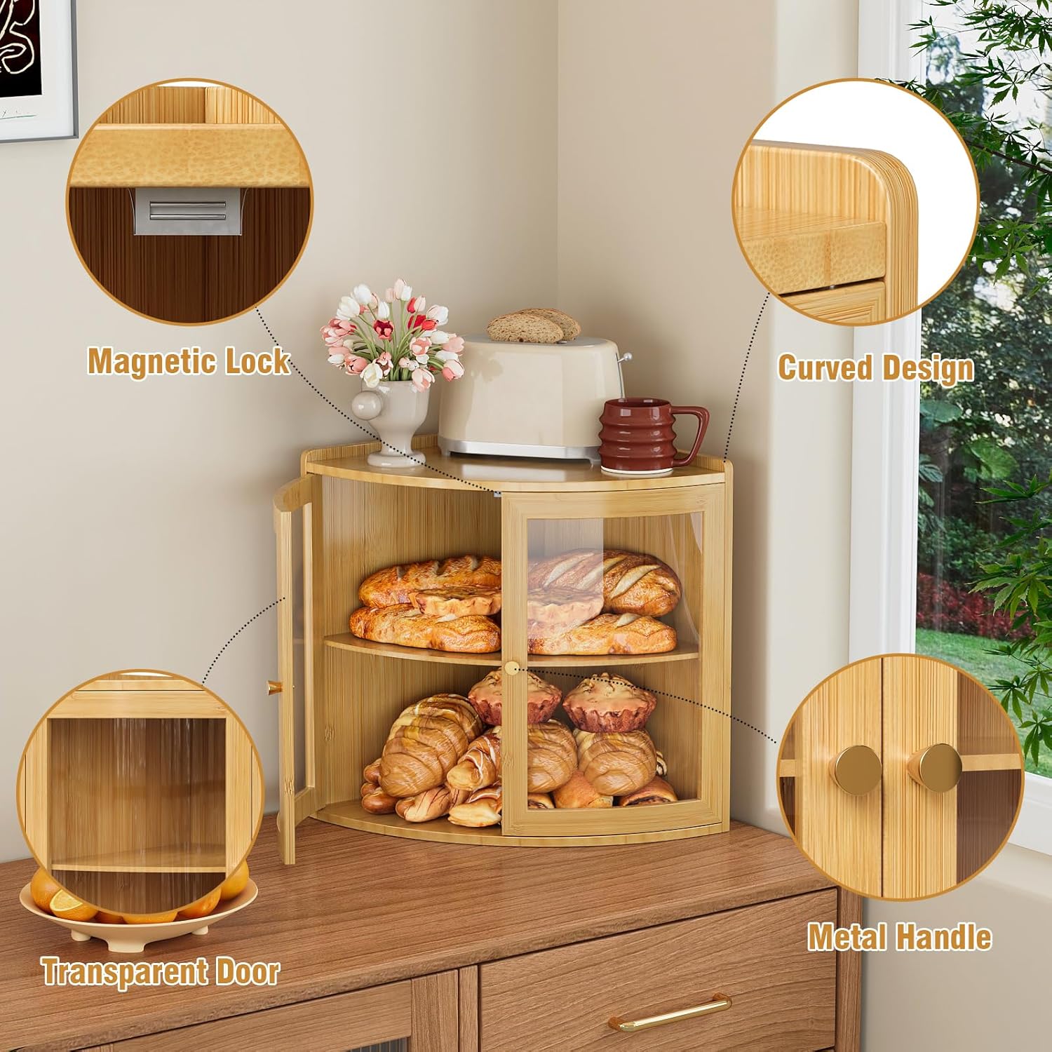 Bamboo Corner Bread Box for Kitchen Counter with Acrylic Transparent Door Large Capacity Bread Holder Double Layer Bread Storage Container for Homemade Bread (Natural Bamboo)