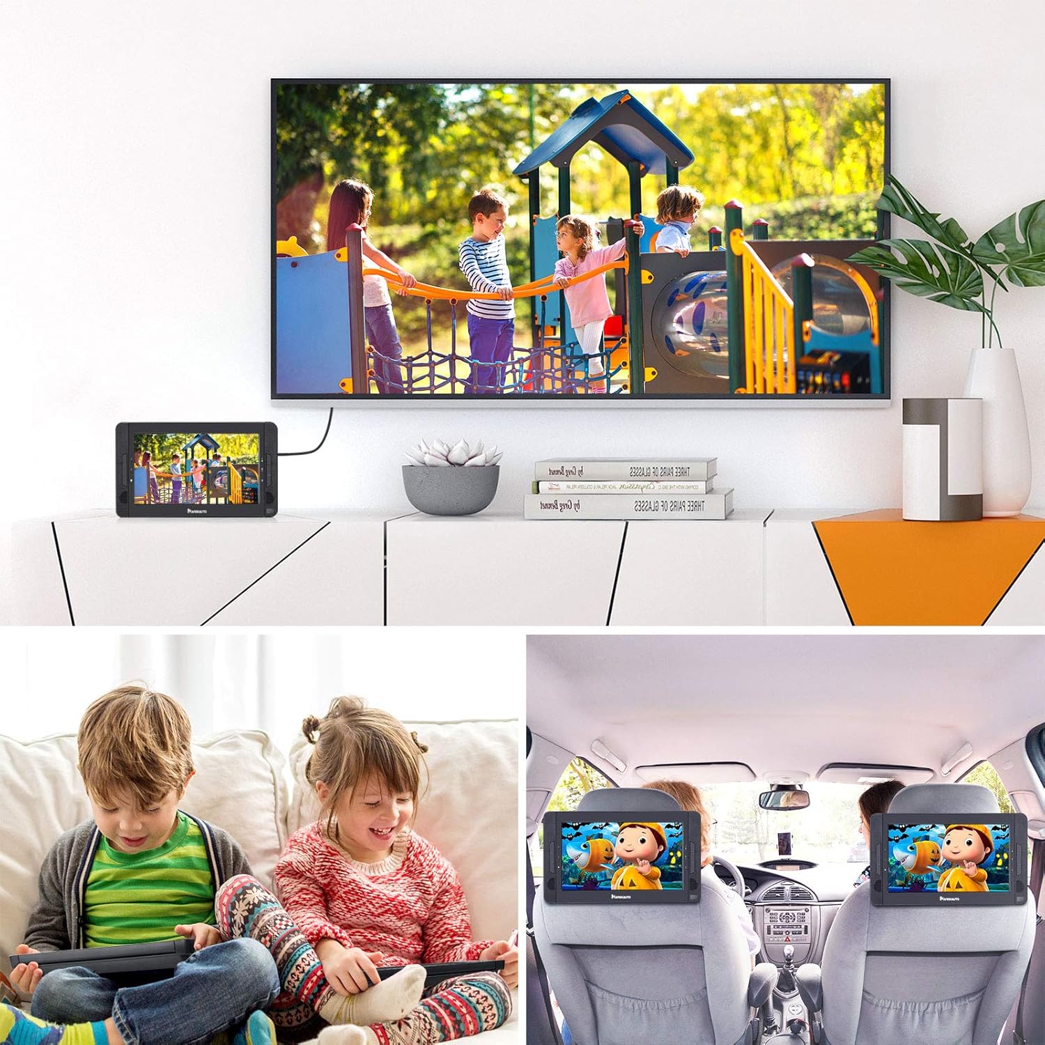 Big Sale NAVISKAUTO 10.5 Dual Screen Portable DVD Player for Car with HDMI Input, Two Mounting Brackets, Built-in Rechargeable Battery, Support USB Playback