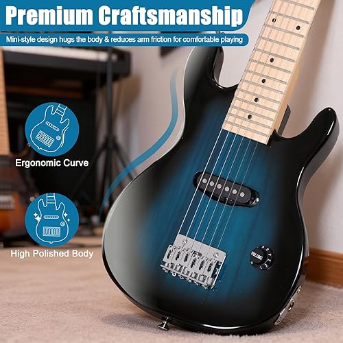 Vista 22 de ZENY Guitarra eléctrica infantil de 30 pulgadas con amplificador de 5 W, bolsa de concierto, correa, cable, cuerdas y púas, kit de accesorios Rosa