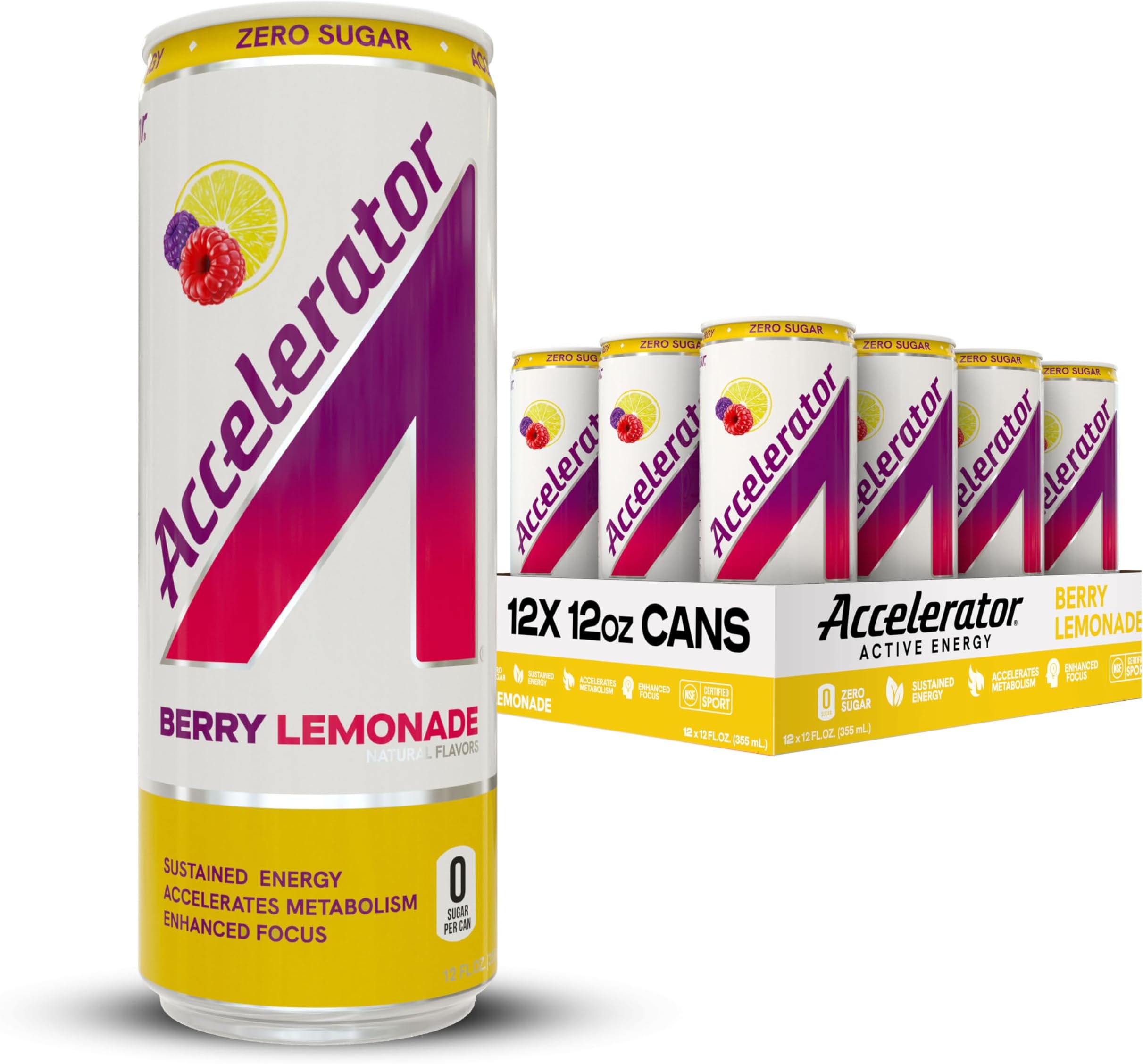 Energy Drink, Berry Lemonade 12oz can (12 pack), Zero Sugar, Sustained Energy from 100% Natural Caffeine (200mg from Green Coffee Bean & Green Tea extract)