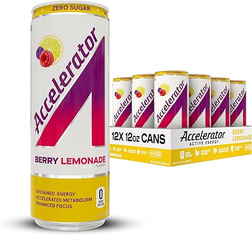 Accelerator Bebida energética, lata de limonada de bayas de 12 onzas (paquete de 12), cero azúcar, energía sostenida a partir de cafeína 100%
