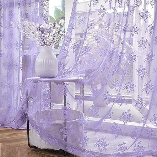 Miniatura 81 de Kotile Cortinas traslúcidas beige de 96 pulgadas de largo para sala de estar, 2 paneles de cortinas rústicas de encaje florales retro crema para