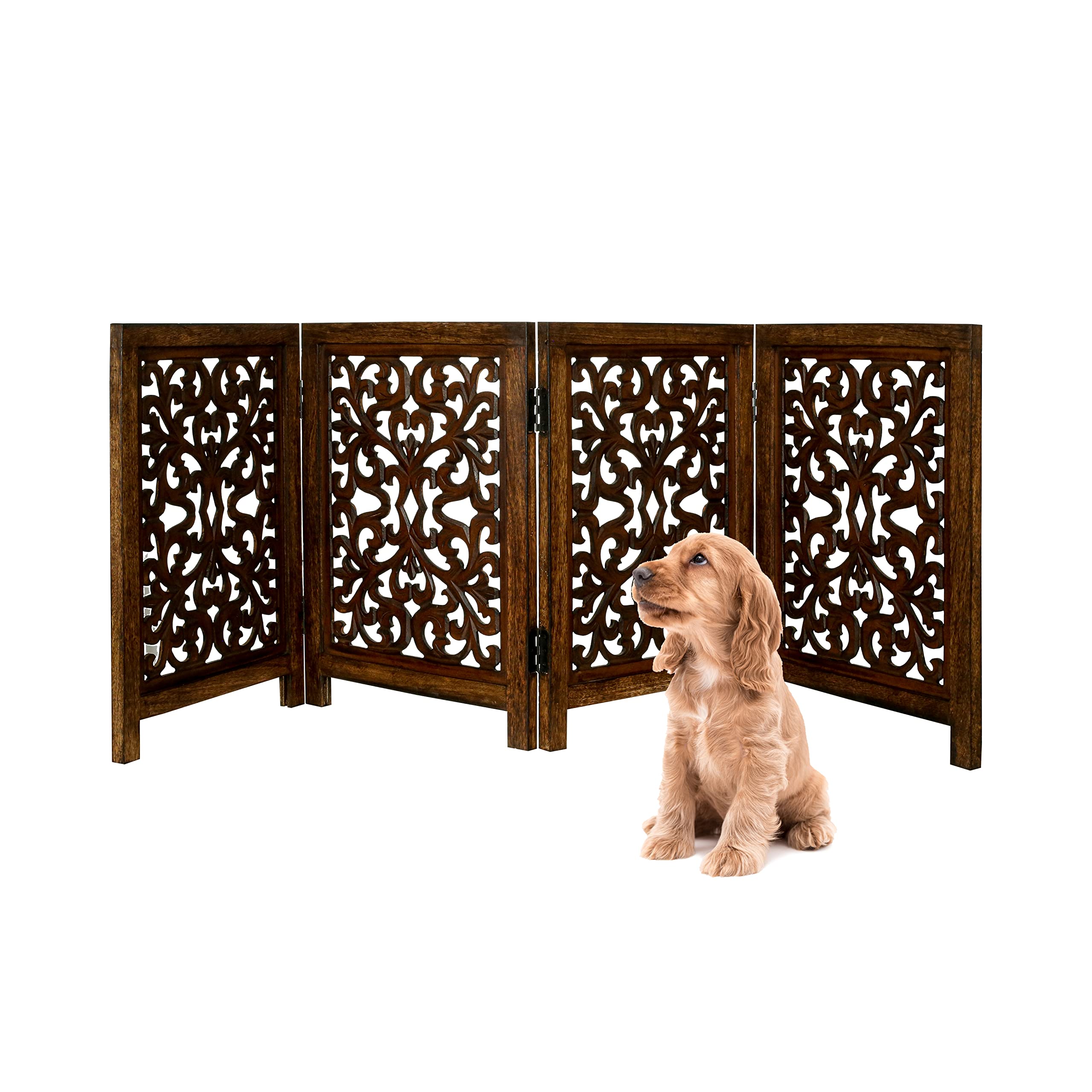 The Wooden Town Dog Door Gate Indoor, Dog Gates for Doorways, Dog Gate for Stairs, Pet Gates for The House, Leaf Cutwork Wooden Foldable Pet Dog Safety Gate, 24 x 18 with 4 Panels - Antique Brown