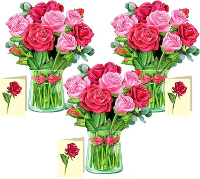 Airpark Pop Up Flower Cards, 3D Paper Flowers Bouquet Birthday Card 12 with Blank Note and Envelope, Get Well Greeting, Mothers Day, Anniversary Cards for Women Wife Mom, 3 Pack Red Rose