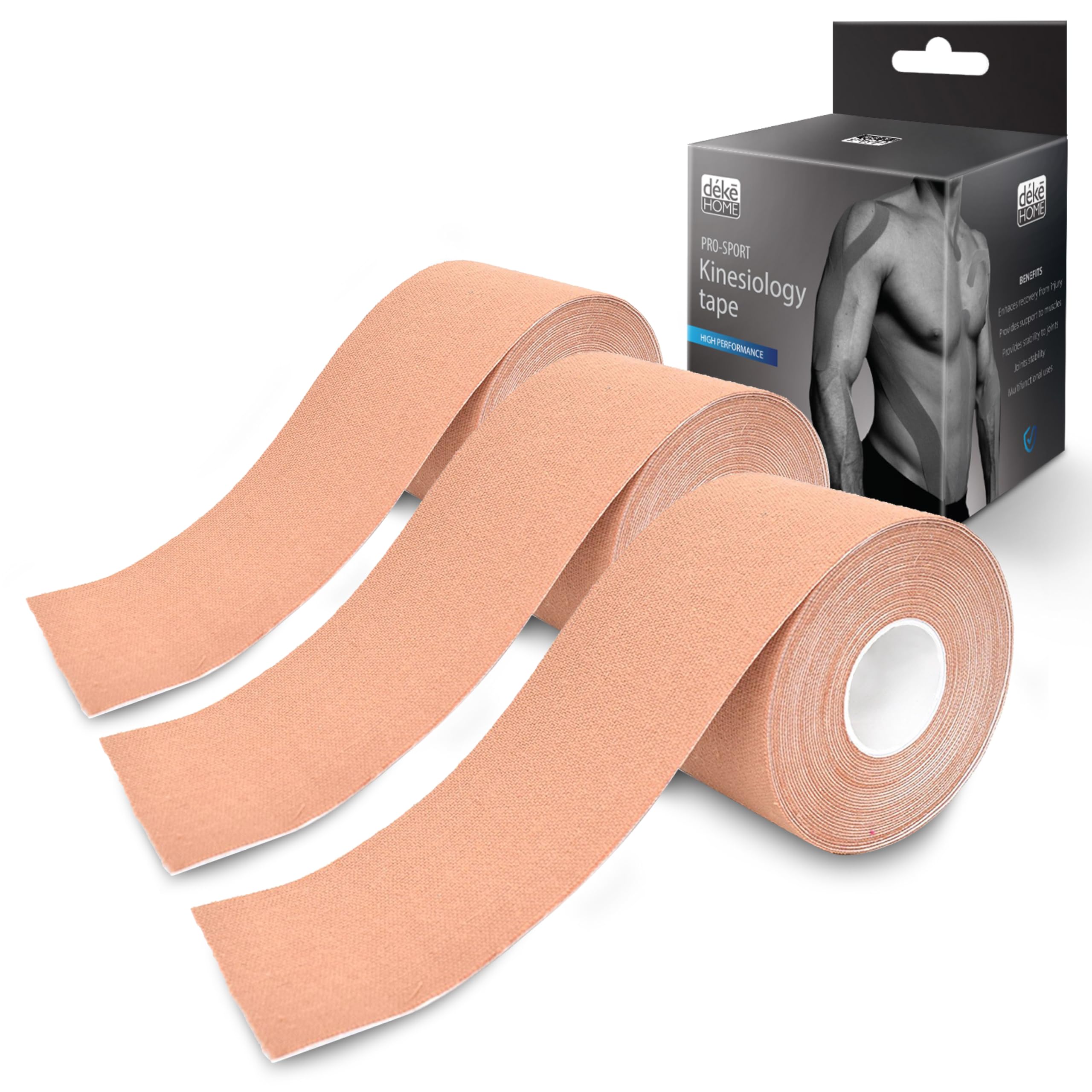 Deke Home - Kinesiology Tape Rolls 3 Pack Uncut 2 x 16ft Athletic Tape Strong Adhesive Waterproof Sports