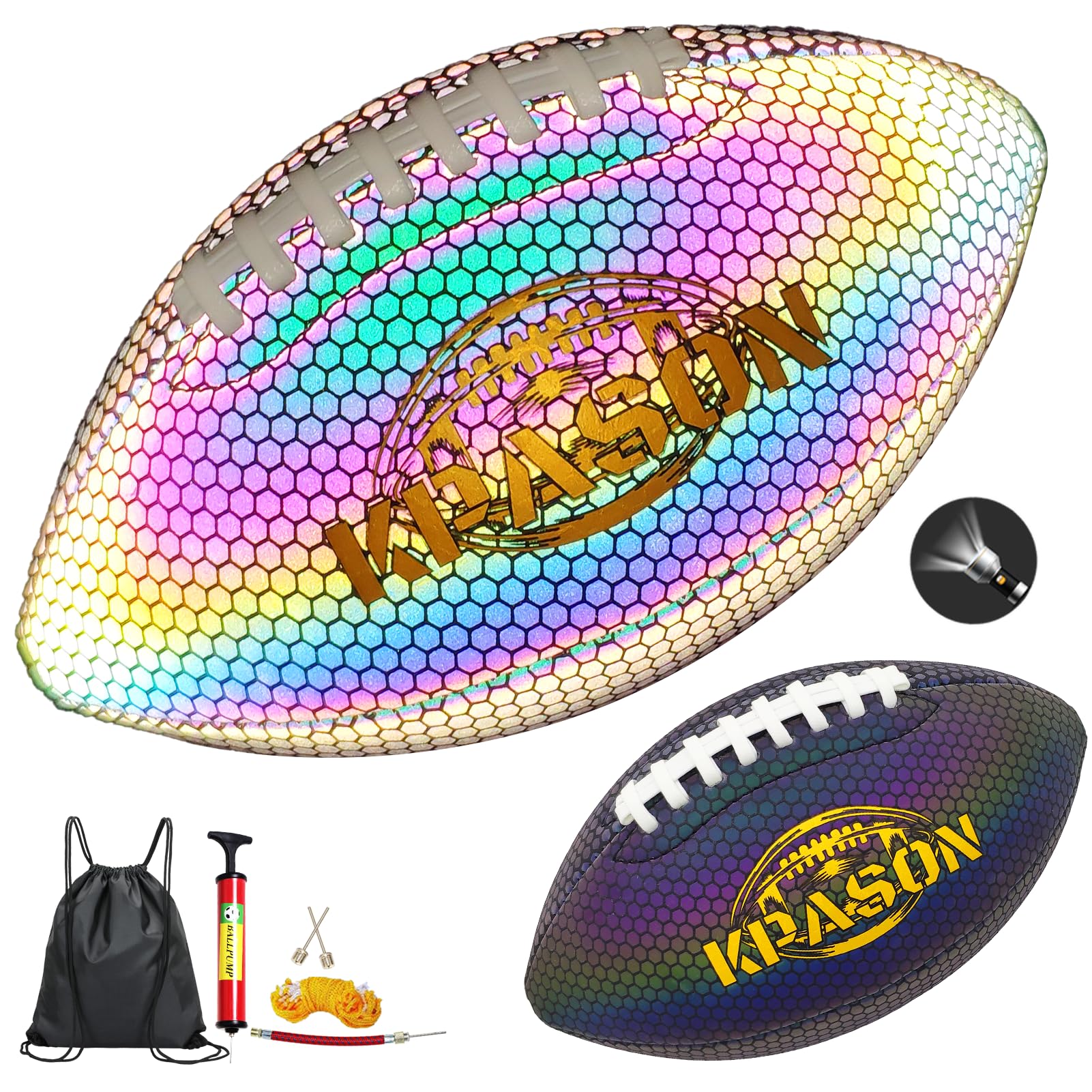 KPASON Football Holographic Bright Football Ball Peewee Size 3 / Youth Size 6/ Official Size 9, Reflective Glowing Composite Leather Footballs for