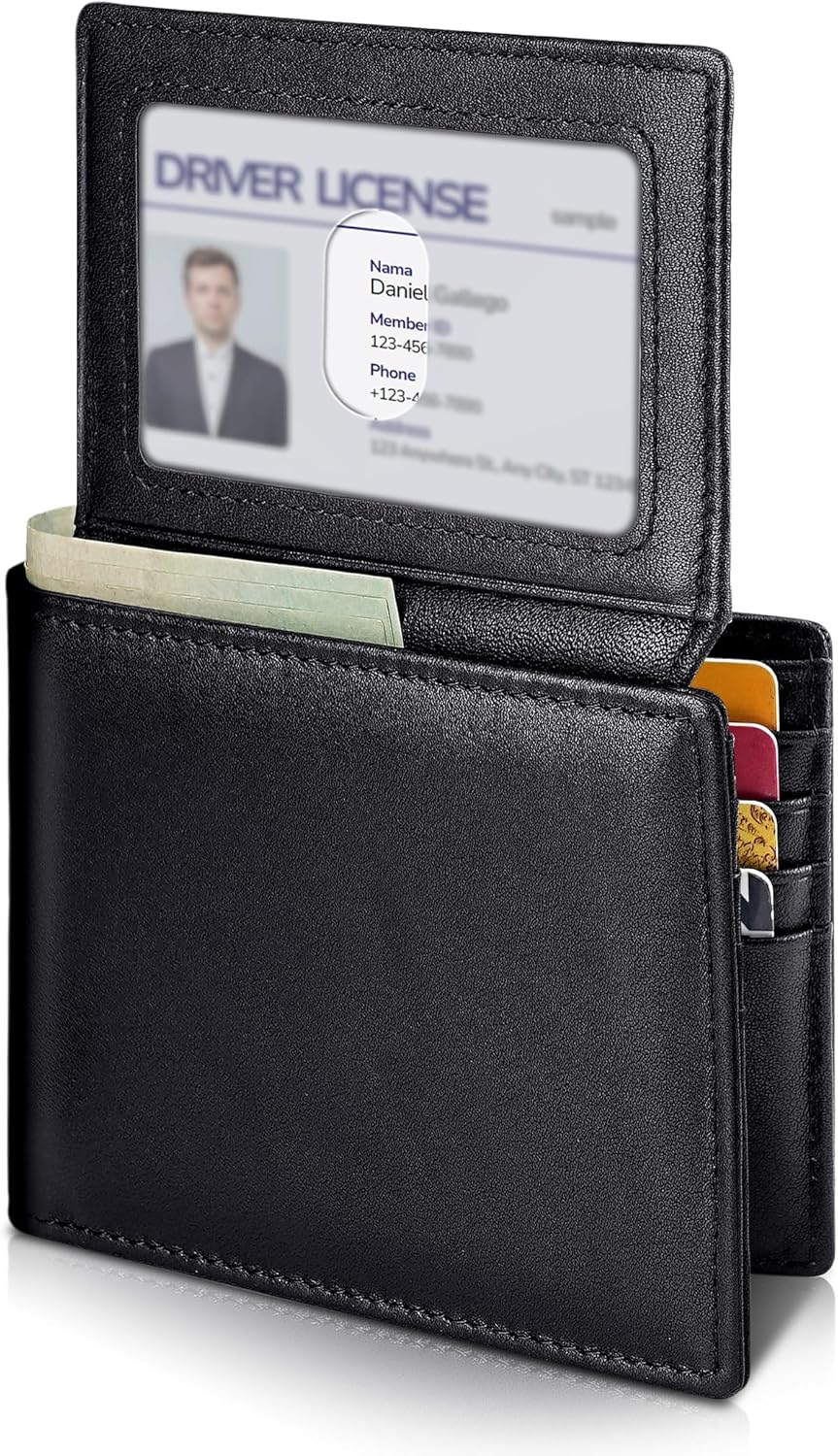 Mens Wallet Bifold Genuine Leather RFID Blocking Wallet for Men with 2 ID Windows 11 Card Holders 2 cash pockets 1 Gift Box - Image 8