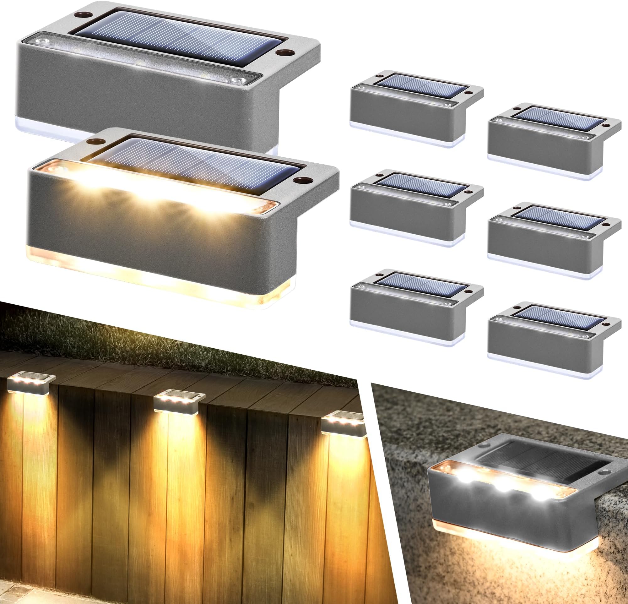 Solar Fence Lights,8 Pack LED Solar Stair Light Waterproof, Step Lights Outdoor for Garden,Yard,Patio,Gutter,Pathway (Warm White,Grey)