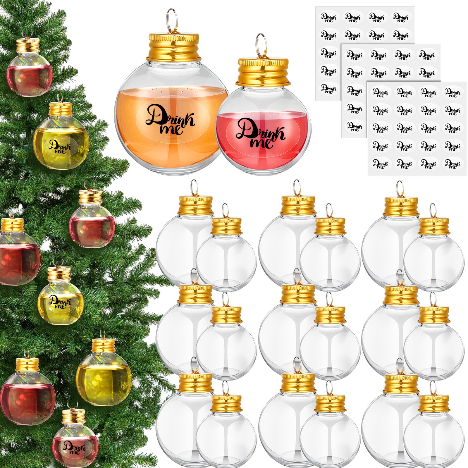 Patelai 48 Pcs Christmas Booze Balls Clear Christmas Tree Fillable Ornaments Water Bottle Bulbs Shape Clear Plastic Ornaments Pendant Ball Bell for Home Decoration Party Decoration (50ml,100ml)