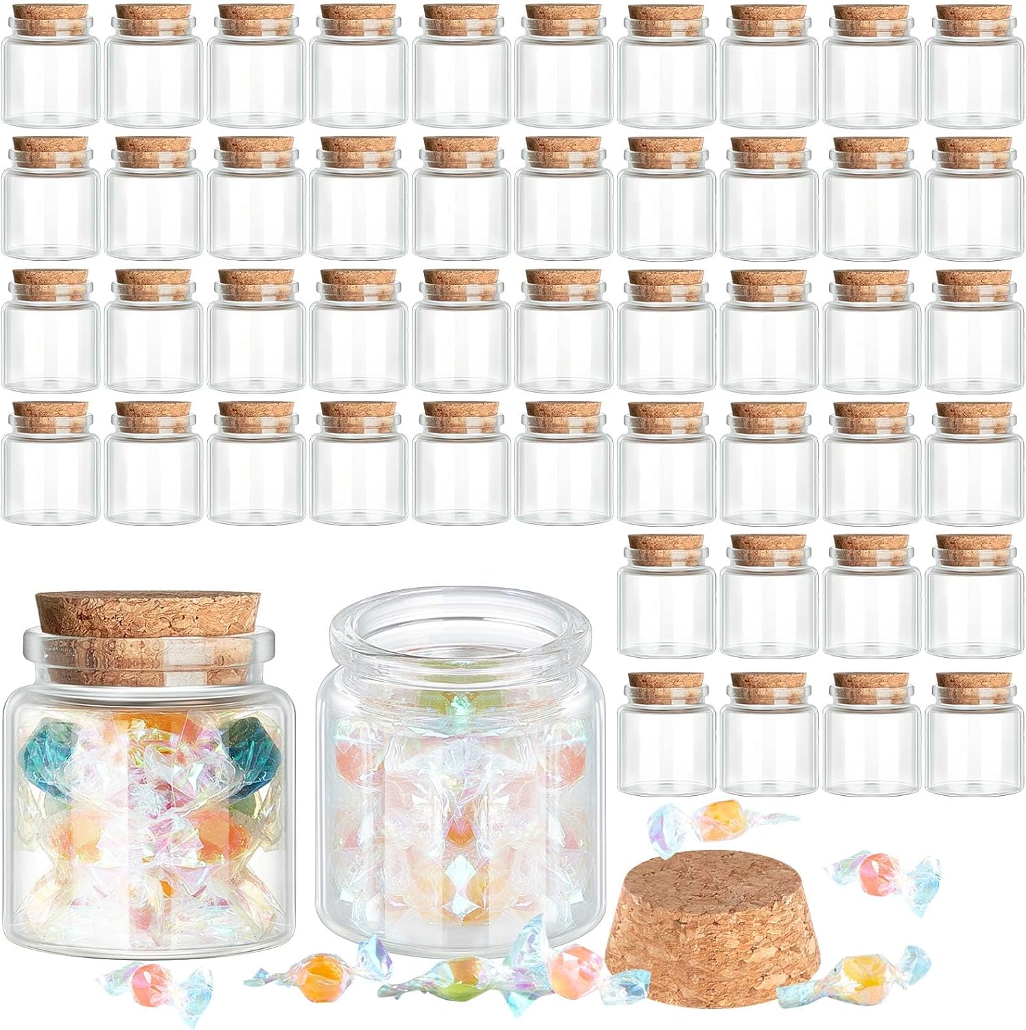 Patelai 48 Pcs Small Glass Jars with Cork Lids, Mini Potion Bottles Bulk Tiny Wishing Vial Spell Jars for DIY Art Crafts Gift Valentine Wedding Birthday Party Favors Decorations (50 ml)