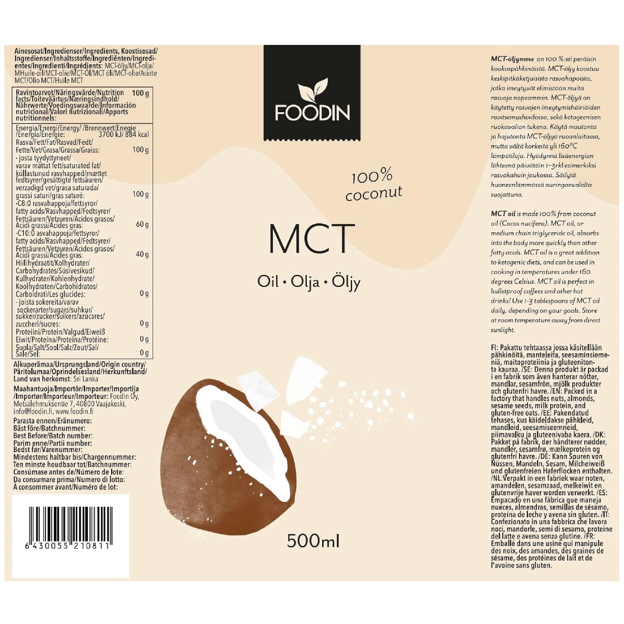 FOODIN Olio MCT 1000 ml (2 x 500 ml) in 100% olio di cocco, media chain trigliceridi (MCT), prodotto in cocco prodotto, 100% senza glutine e vegano, ideale per la dieta chetogenica