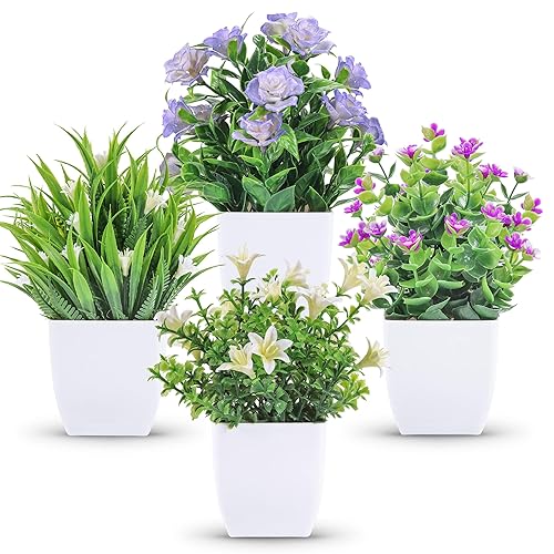 Der Rose 4 Pack Small Fake Plants Mini Artificial Faux Plants Indoor with Flowers Spring Decorations for Home Room Farmhouse Desk House Bathroom Decor - 4-colorful