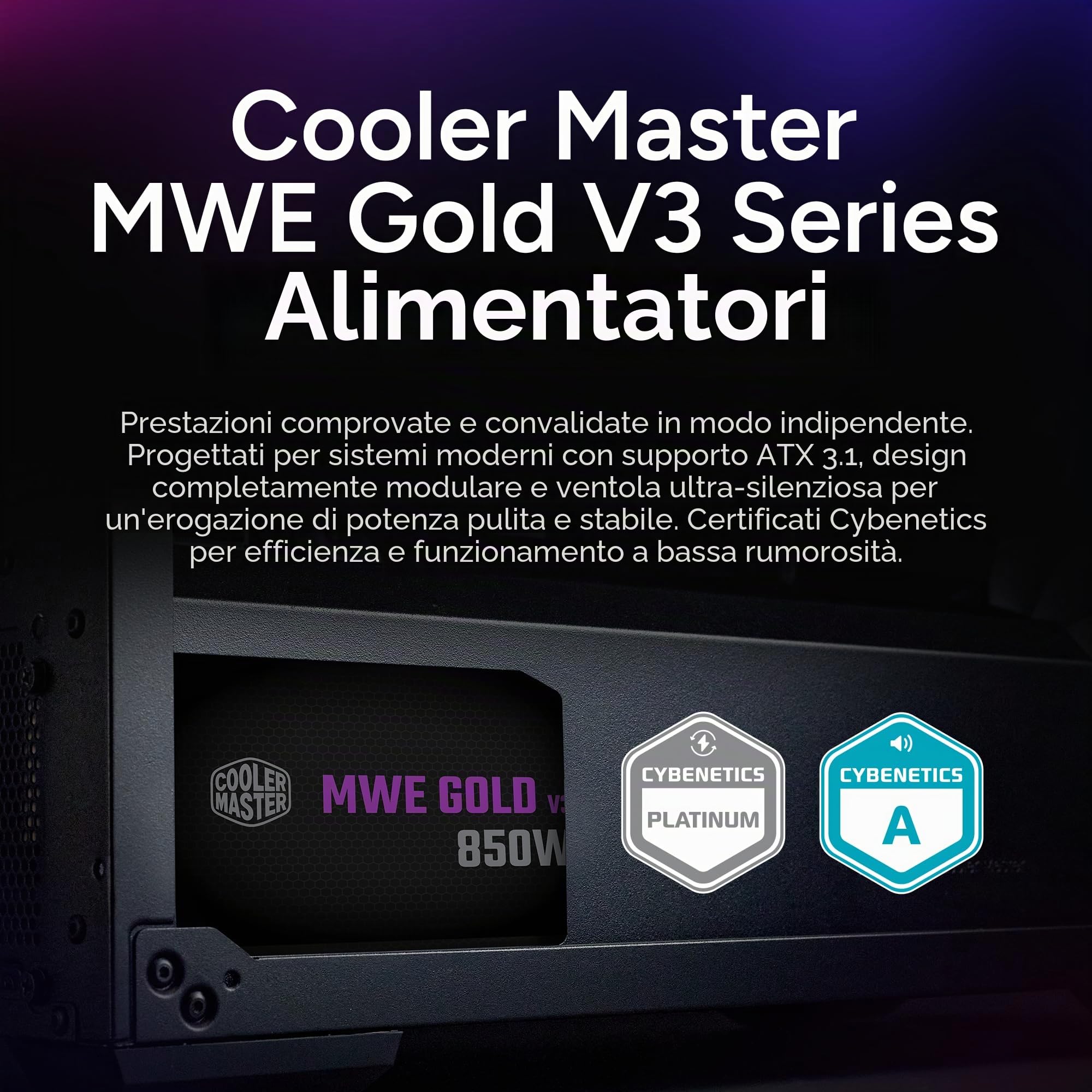 Cooler Master Titolo MWE Gold 850 V3 ATX 3.0 Fonte modulare completa, 850W, 80+ efficienza dorata, 90 gradi 12V-2x6|600W PCIe 5.0, condensatori giapponesi, modalità zero RPM, copertura ventilatore