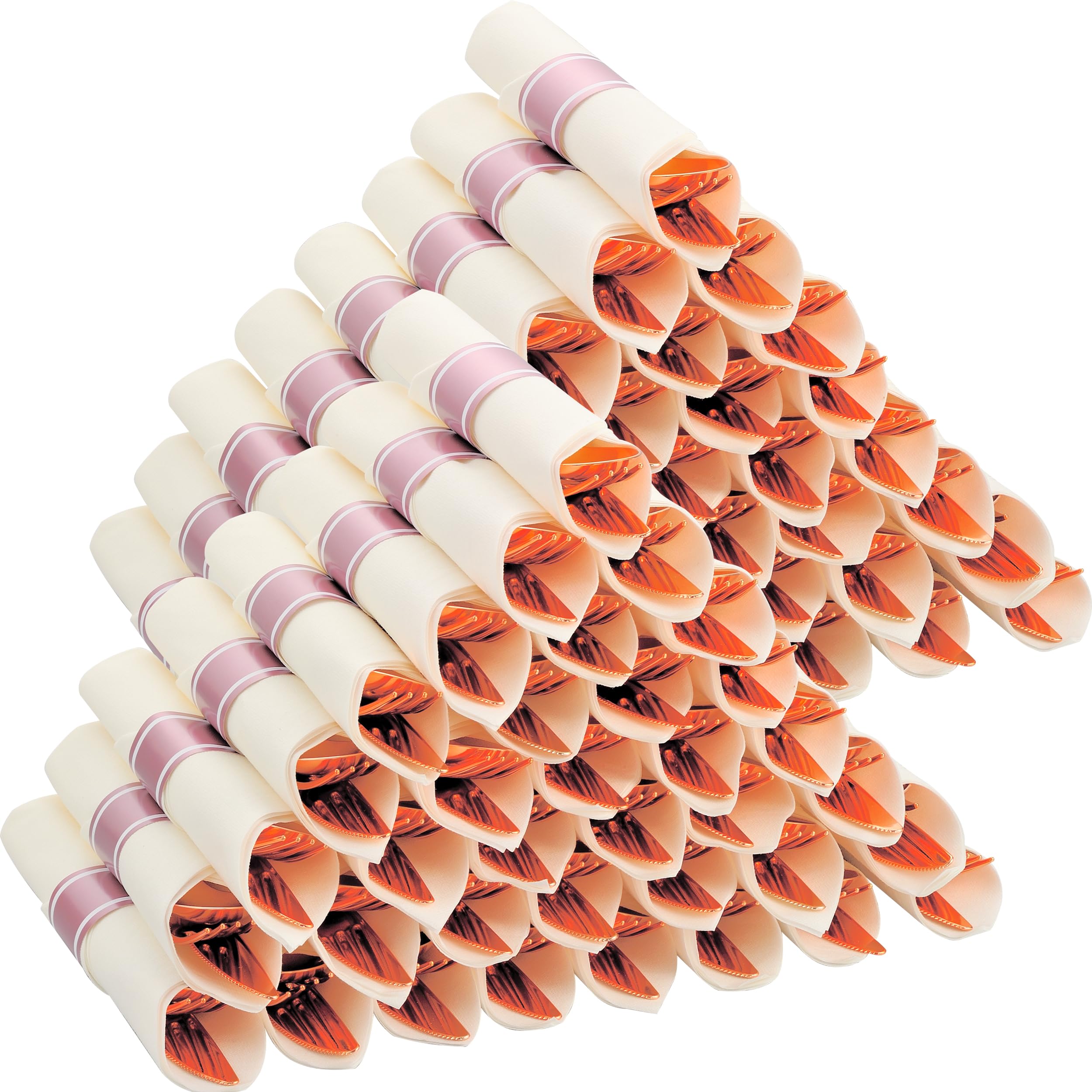 ISFANGCO 100 Pack Pre Rolled Rose Gold Plastic Silverware Set with Napkins,Disposable Wrapped Heavy Duty Cutlery Set for Wedding Birthday Party-100