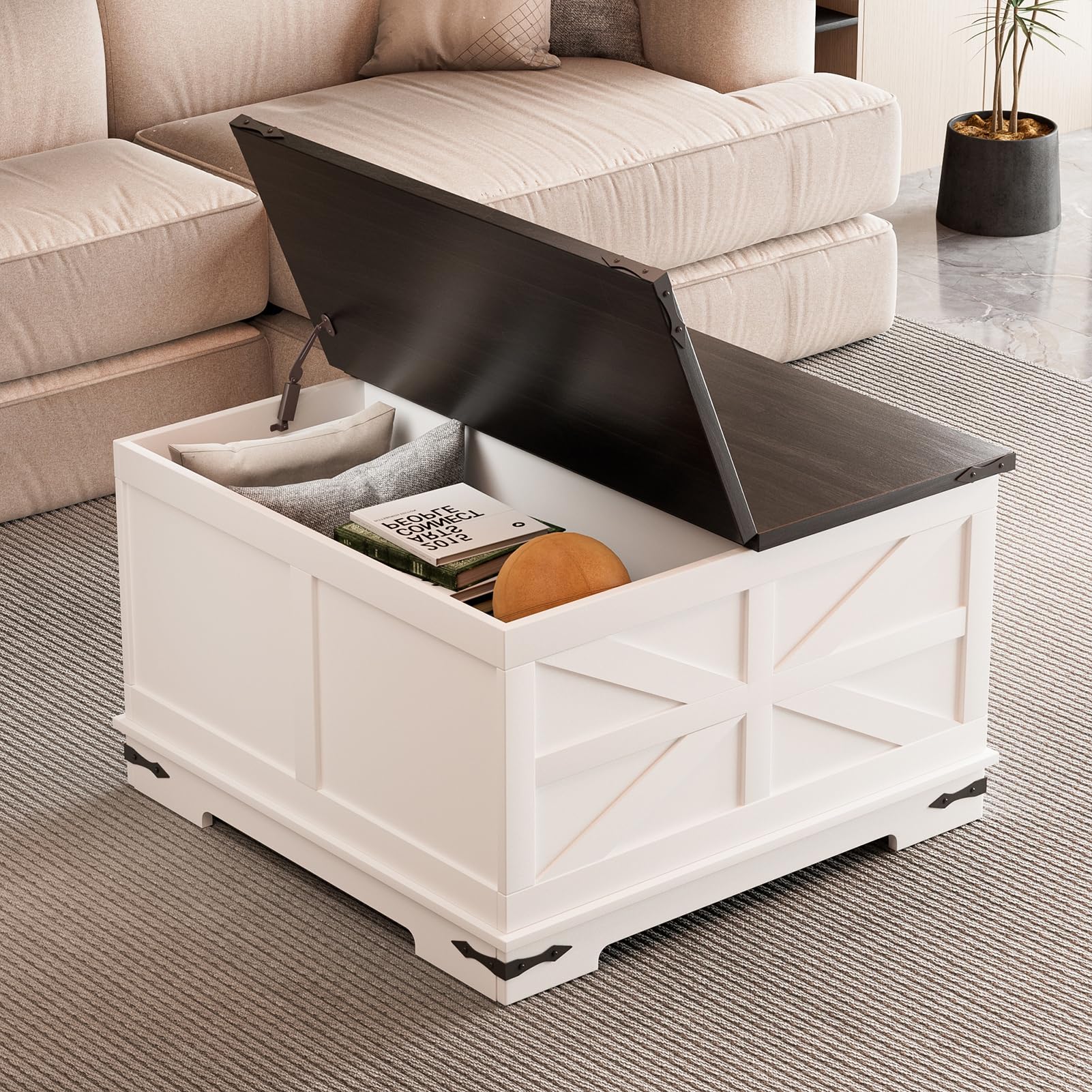 Modern Farmhouse Coffee Table Lift-Top Square Wood Center Table with Gas Struts and Extra Large Hidden Storage Space