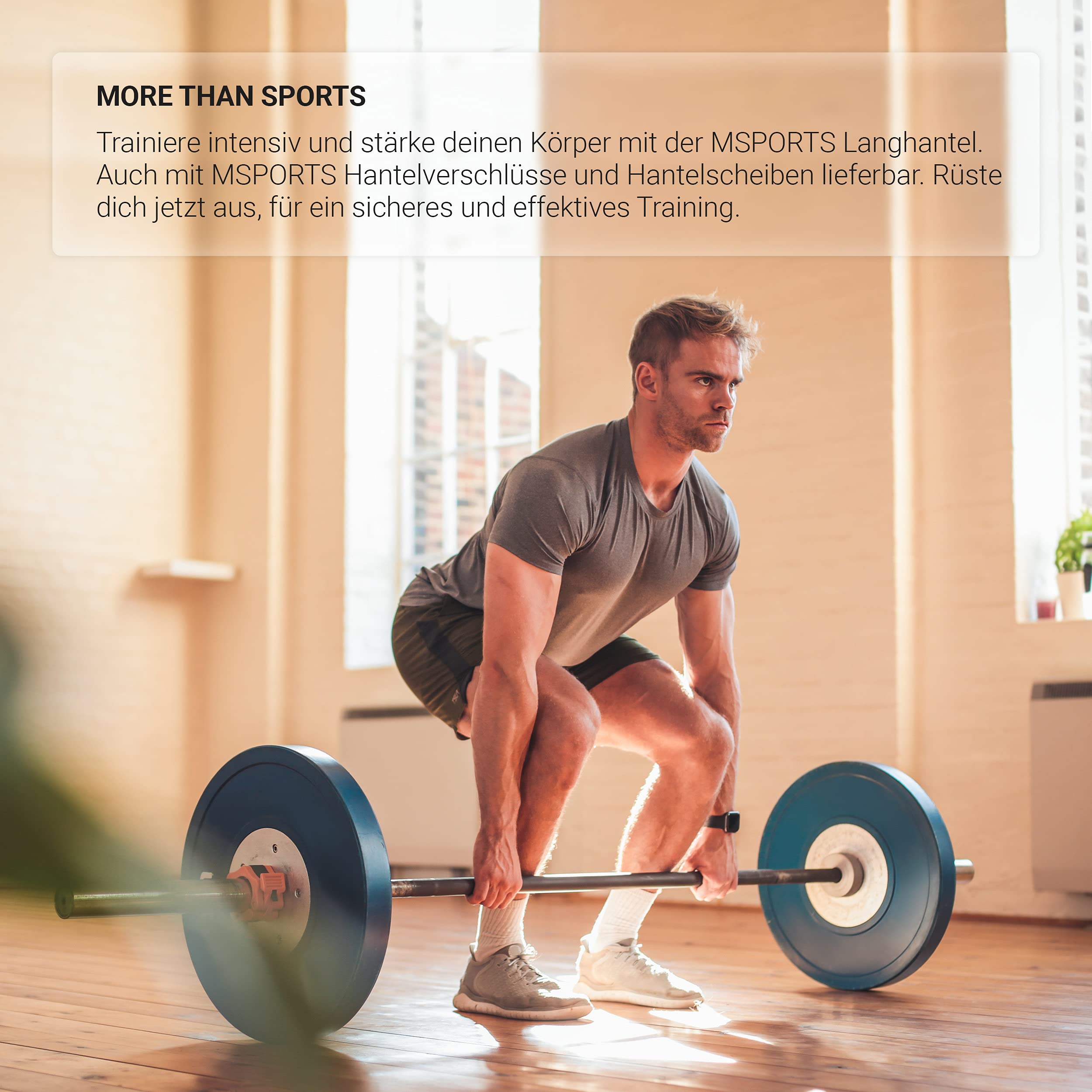 MSPORTS Langhantelstange Olympia Professional Silber Matt | Premium Qualität - Kugelgelagert - 50 mm Bohrung - gerändelte Grifffläche | Langhantel