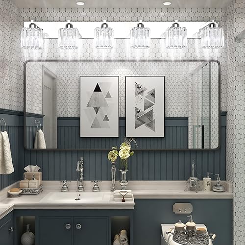 Miniatura 4 de Aipsun Lámparas de tocador de baño, 6 luces, cromadas, para baño, accesorios de iluminación de tocador de cristal (excluye bombilla)