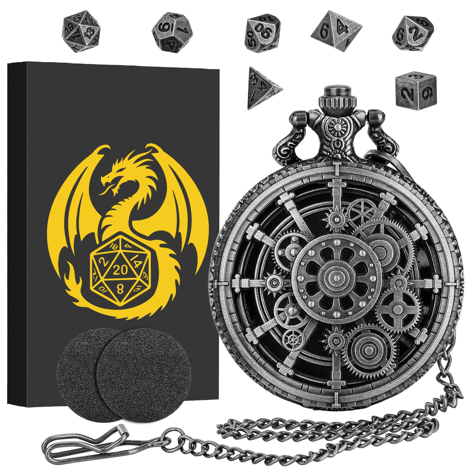 Mini DND Juego de dados con caja de reloj de bolsillo Steampunk en plata oscura con engranaje hueco, 7 piezas, juego de dados D&D de metal poliédrico, regalo DND, accesorios para juegos de mesa, color