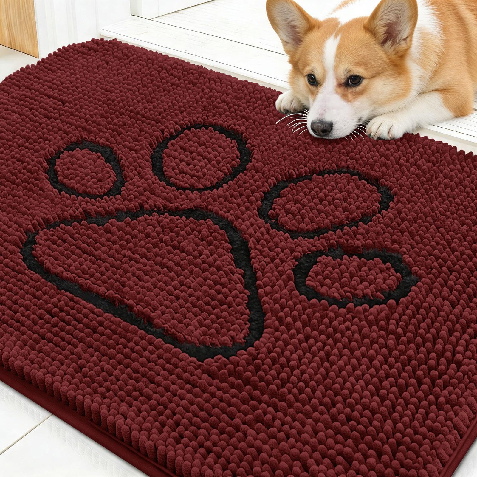 OLANLY Dog Door Mat for Muddy Paws 30x20, Paw Print Design Chenille Mud Mat