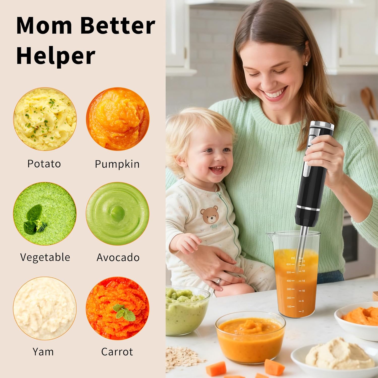 Cordless Immersion Blender Handheld, 4-in-1 Cordless Hand Blender with 500ml Chopper, 600ml Beaker & Egg Whisk, 8 Speeds, USB Rechargeable Handheld Blender Cordless – Smoothies, Baby Food (Black)