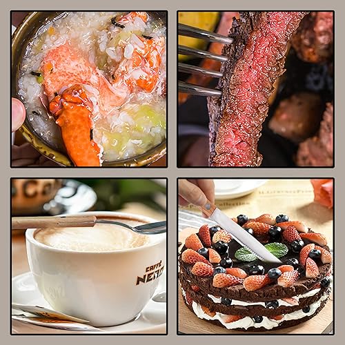 Miniatura 5 de Lnrkai Juego de 6 cuberterías, cucharas de cena, juego de cuchillos y tenedores, acero inoxidable con asas anchas de madera, juego de cubiertos,