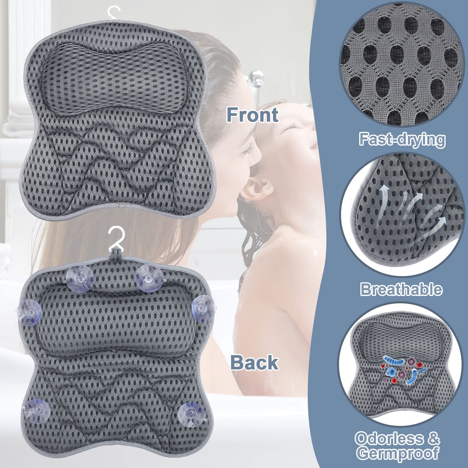 Frasheng Almohada de Baño,Malla 4D Cojín de baño,Almohada de Baño con 6 Ventosas Antideslizantes,Puede soportar la Cabeza,el Cuello,la Espalda,para SPA en Casa Bañera de Hidromasaje,Lavable a Máquina
