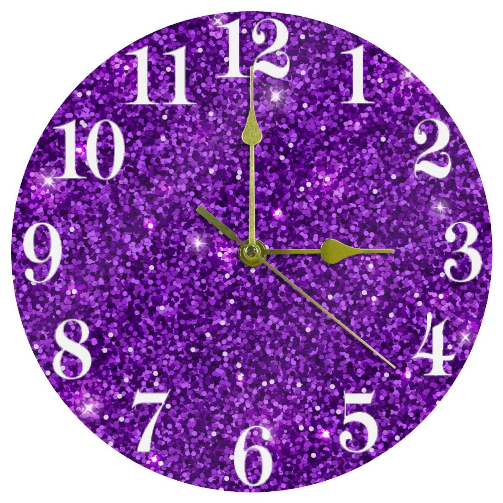 Purple Glitter Vector Wall Clock, 10 Inch Silent Non Ticking Quartz Battery Operated Round Wall Clocks Home/Kitchen/Office/School Clock