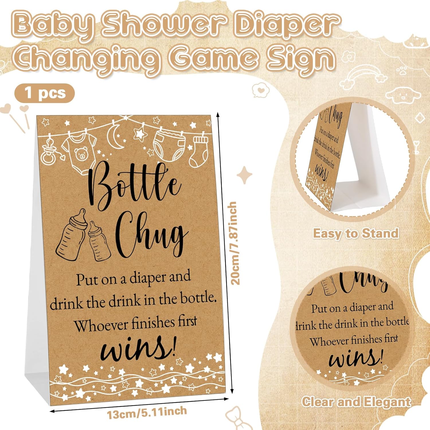 17 Pcs Bottle Chug Baby Shower Games Favors Diaper Baby Change Game Diaper Including 8 Funny Plastic Bottle Chug 8 Disposable Diapers and 1 Game Sign for Gender Reveal Party(Rustic,Beige)