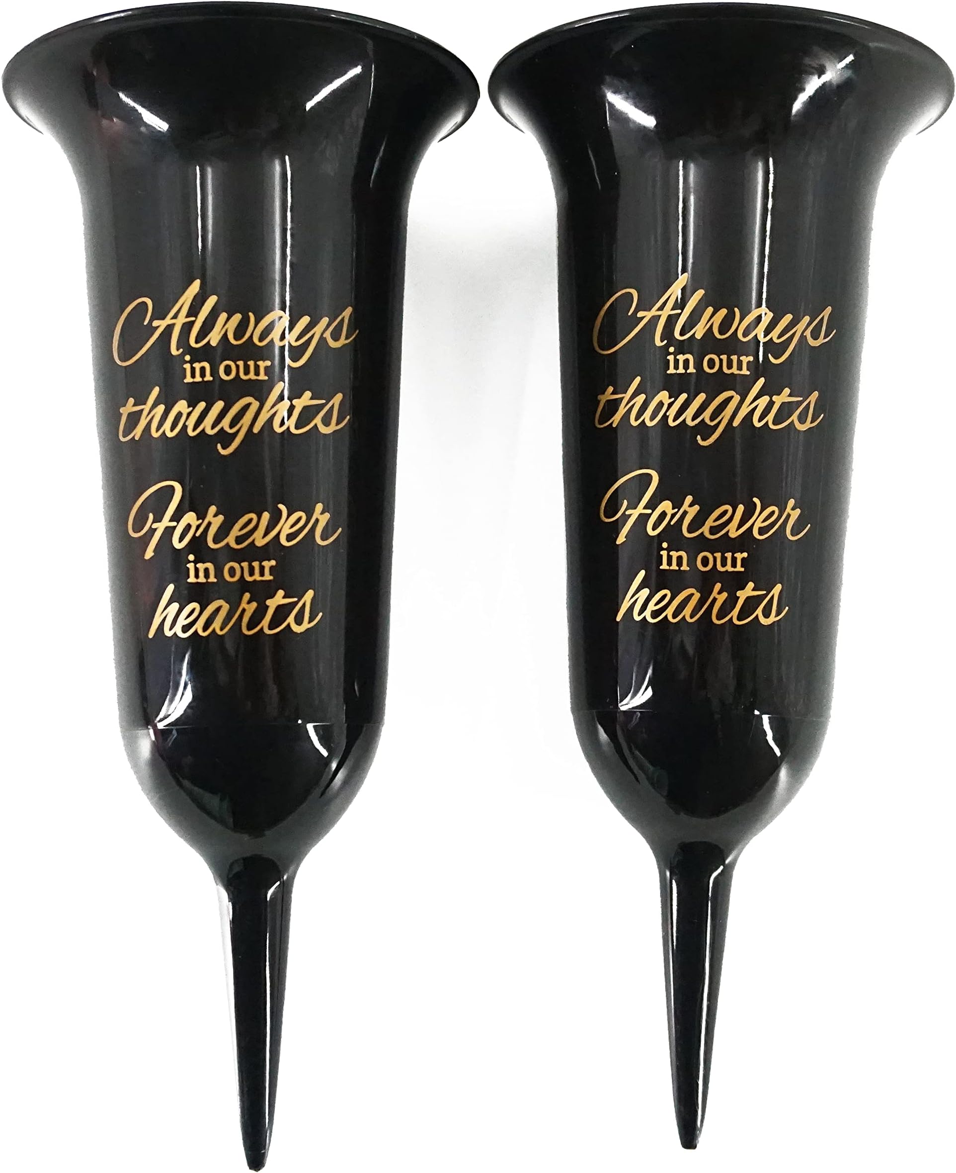 Set of 2 Black and Bronzed Gold Forever in Our Hearts Fluted Spiked Memorial Grave Flower Vases