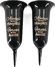Set of 2 Black and Bronzed Gold Forever in Our Hearts Fluted Spiked Memorial Grave Flower Vases