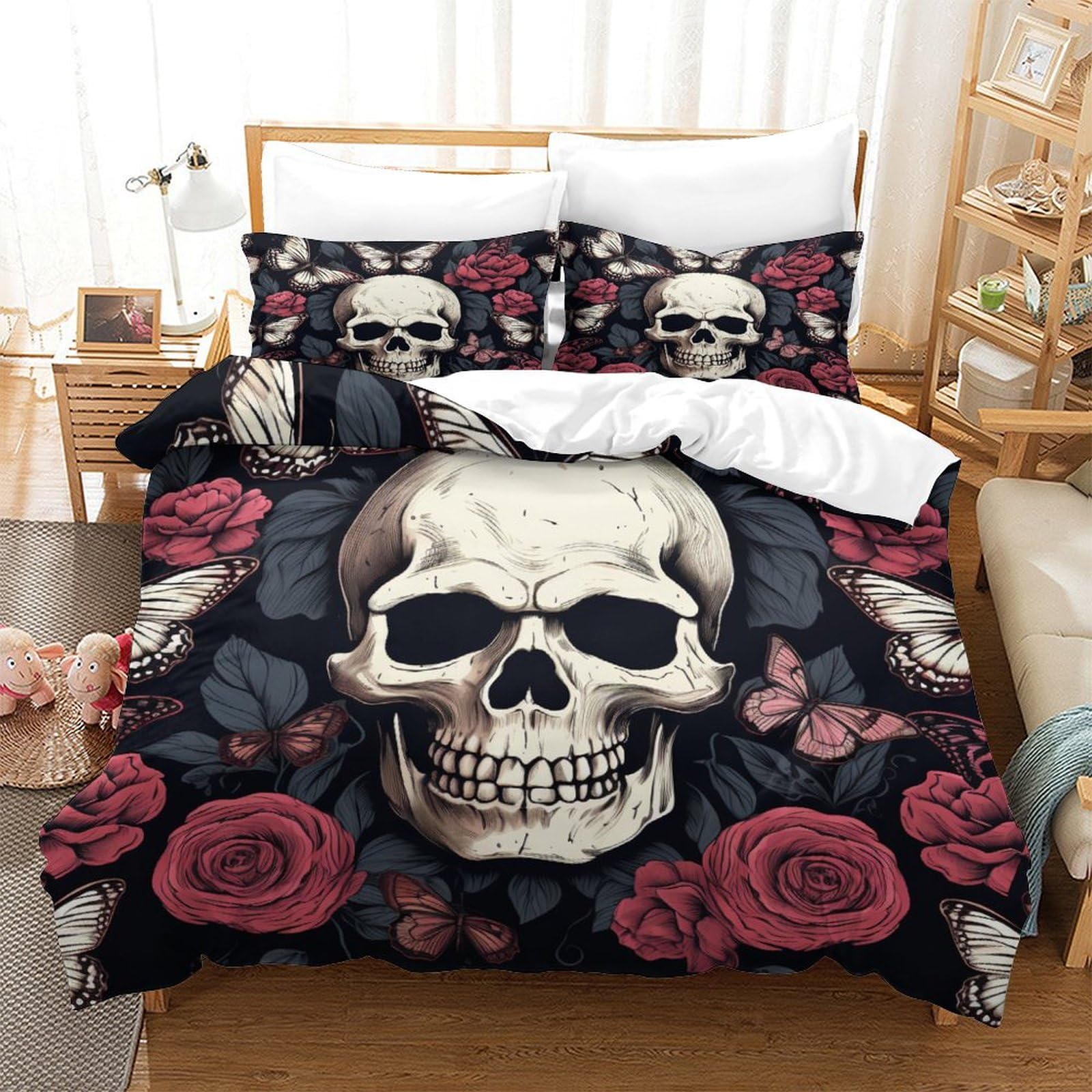 P1S9U7W5Y 3D Printed Gothic Skull Duvet Cover Set 3pcs Microfiber Floral Bedding Set Double