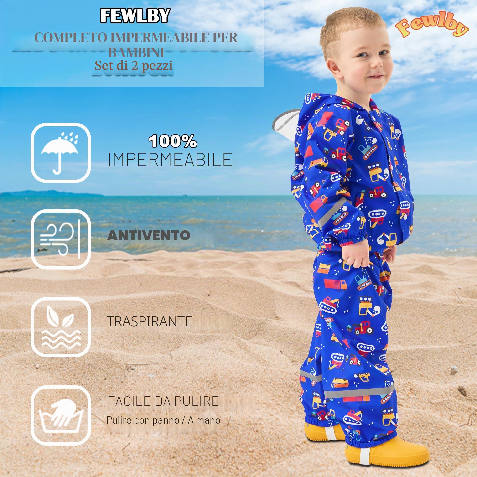 Fewlby Tuta Impermeabile Bambino, Giacca Antipioggia & Pantaloni Impermeabili 2 Pezzi Set, Tuta Pioggia Ragazze Ragazzi Impermeabile con cappuccio Pantaloni, 3-4 anni