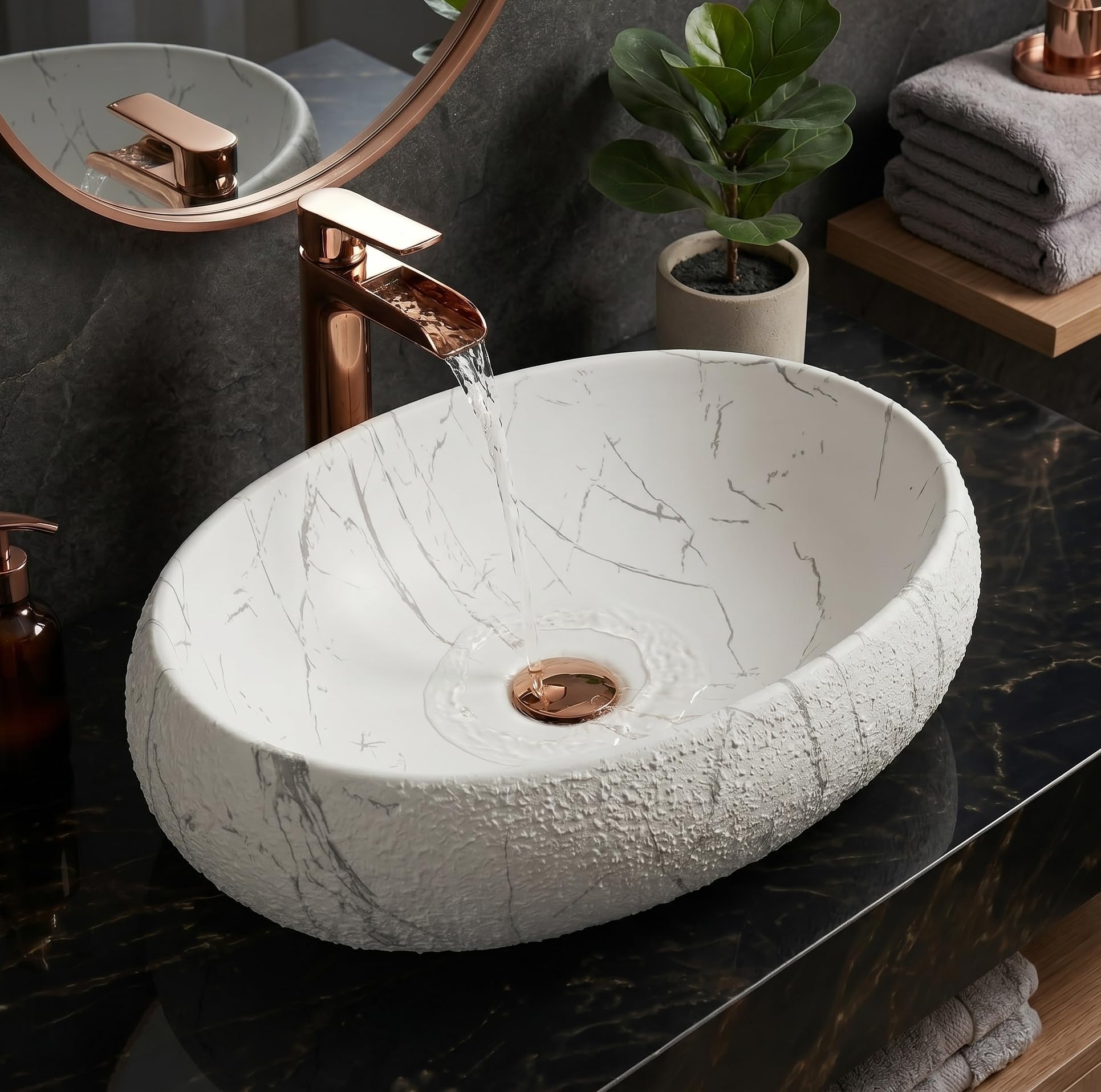 BASSINO Table Top Wash Basin - White & Rose Gold -20