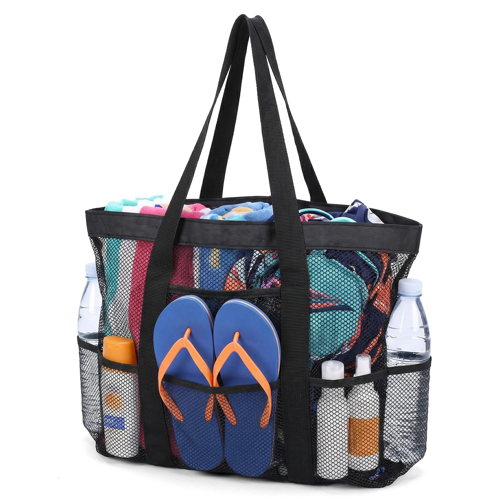 1 torba plażowa z siatki dla kobiet, torba plażowa z kieszenią na plażę, urlop, basen, do studia fitness, torba na zakupy wielokrotnego użytku (czarna, 33 x 33 cm)