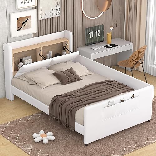 Miniatura 122 de Elegante cama con plataforma tapizada de terciopelo de tamaño Queen con cabecero, para niños, niñas y adolescentes (beige @cabecero/, Queen)
